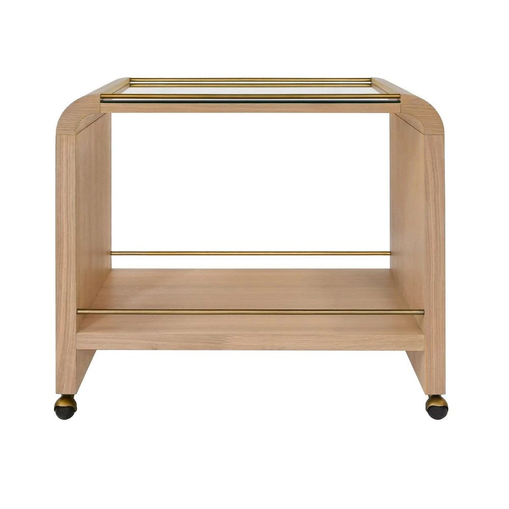 Myer - Waterfall Edge Bar Cart With Antique Brass Rails In Natural Oak 1 Myer - Waterfall Edge Bar Cart With Antique Brass Rails In Natural Oak