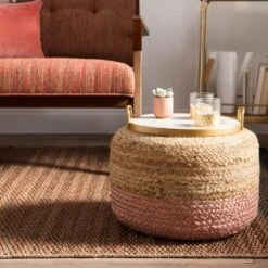 Antoine Ombre Natural Beige/ Light Pink Cylinder Pouf -France and So Furniture SAA12 2
