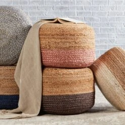 Antoine Ombre Natural Beige/ Light Pink Cylinder Pouf -France and So Furniture SAA12 4