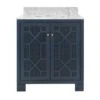 Schaffer - Bath Vanity In Matte Navy Lacquer With Cane Front Doors, White Marble Top, Porcelain Sink, And Polished Brass Knobs