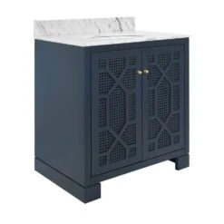 Schaffer - Bath Vanity In Matte Navy Lacquer With Cane Front Doors, White Marble Top, Porcelain Sink, And Polished Brass Knobs -France and So Furniture SCHAFFER 20NVY ANGLE