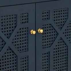 Schaffer - Bath Vanity In Matte Navy Lacquer With Cane Front Doors, White Marble Top, Porcelain Sink, And Polished Brass Knobs -France and So Furniture SCHAFFER 20NVY DETAIL 201