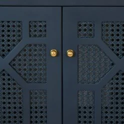 Schaffer - Bath Vanity In Matte Navy Lacquer With Cane Front Doors, White Marble Top, Porcelain Sink, And Polished Brass Knobs -France and So Furniture SCHAFFER 20NVY DETAIL 202