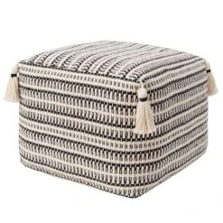 Alina Handmade Striped Cream/Black Pouf (18"X18"X14")