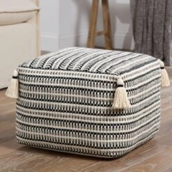 Alina Handmade Striped Cream/Black Pouf (18"X18"X14") -France and So Furniture SIR01 2