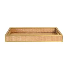 Tobin Rectangular Natural Wicker Rattan Tray With Framed Brass Edge