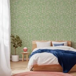 Seashells Wallpaper -France and So Furniture WCPK104 GR Seashells Green Colorful BedwithPlant