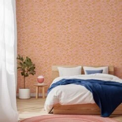 Seashells Wallpaper -France and So Furniture WCPK104 PK Seashells Pink Colorful BedwithPlant