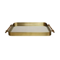 Saratoga - Rounded Edge Tray In Antique Brass With Horn Handles And Inset Mirror